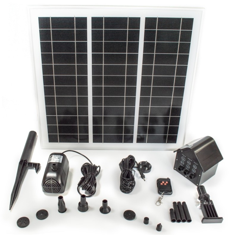 Solcelle springvand (20W) med fjernbetjening, batteri og lys