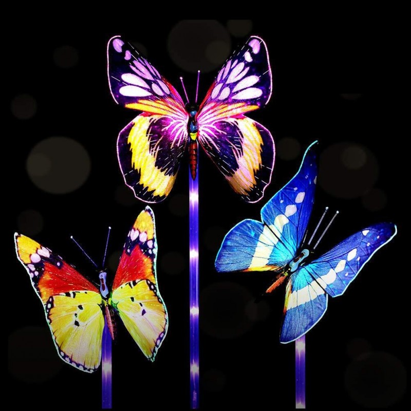 Solcelle LED Sommerfugle i optisk fiber, 3-pak, skifter farve
