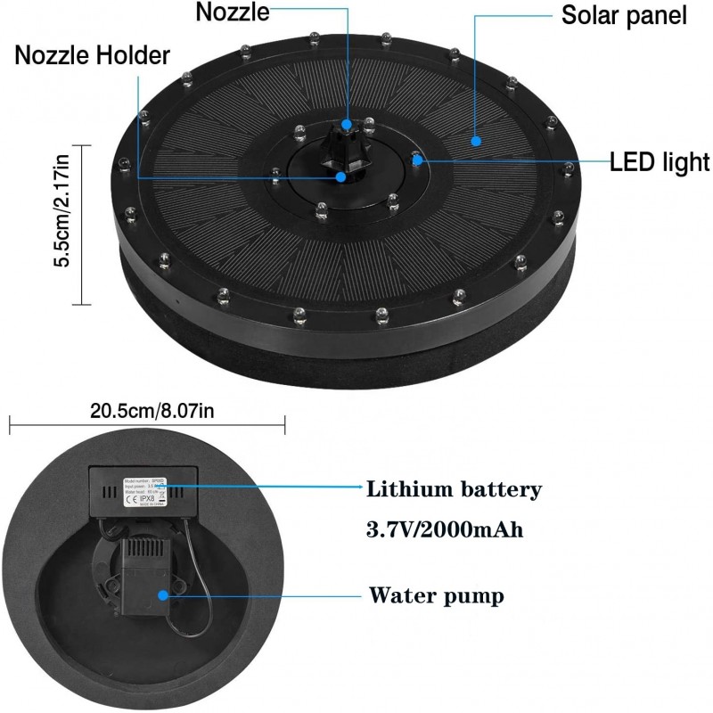 Flydende solcelle springvand med batteri og lys